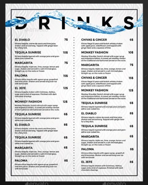 menù per bevande drinks
